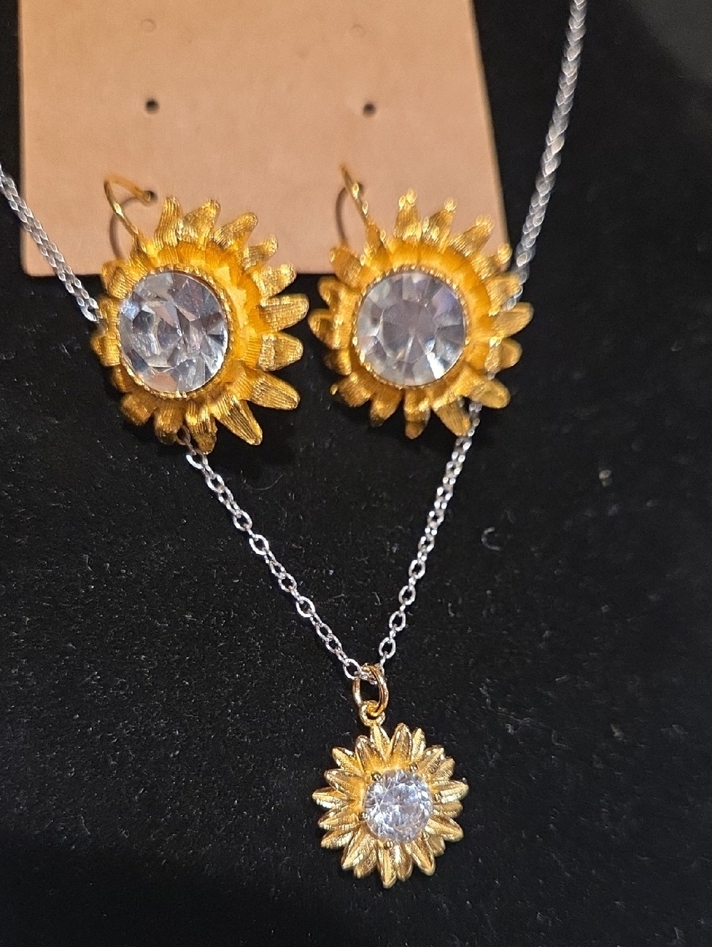 Gold Sunflower Crystal Necklace & Earring Set - Women Jewelry